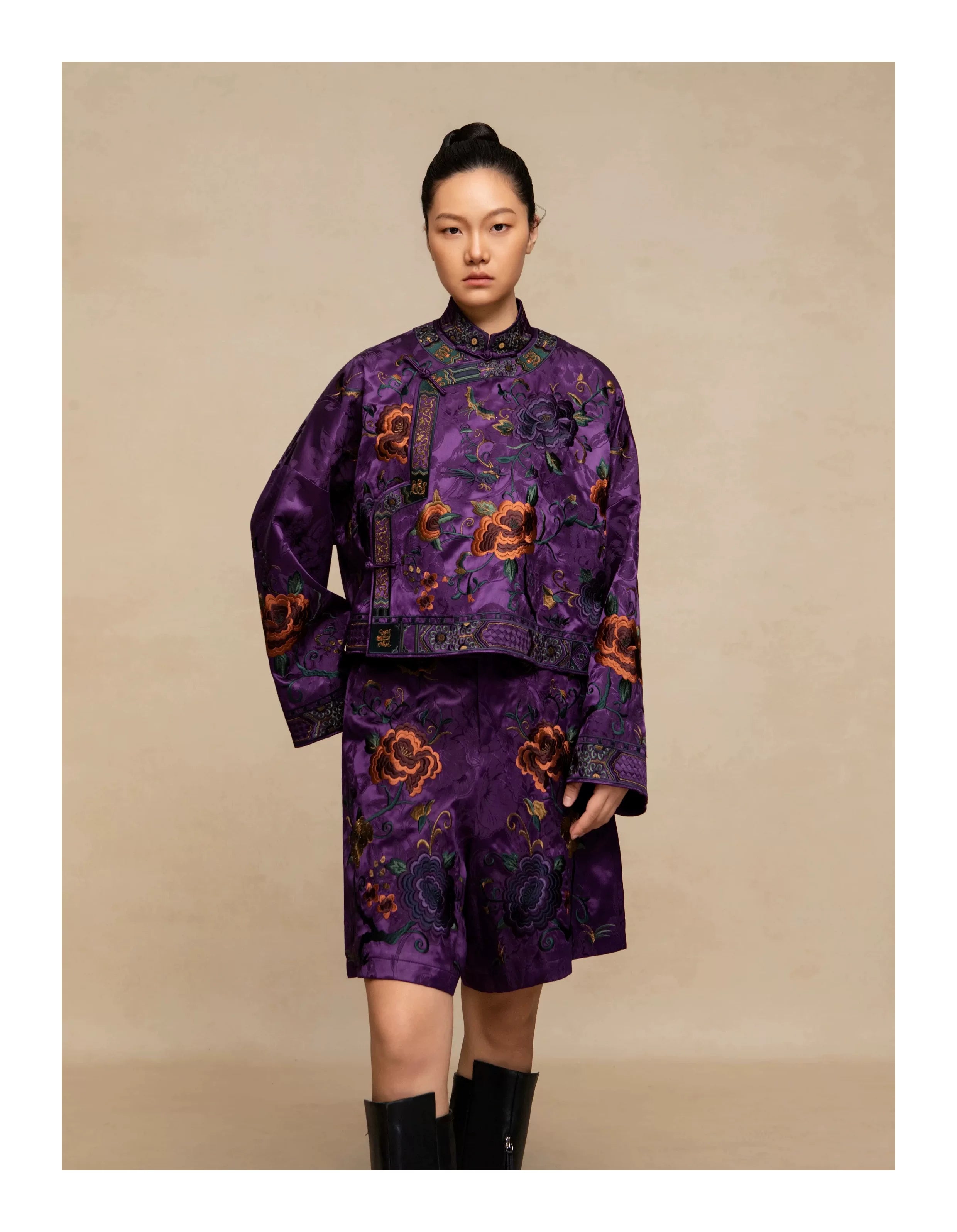 Luxury Imperial Violet Silk Brocade Shorts-25ZKZ6121