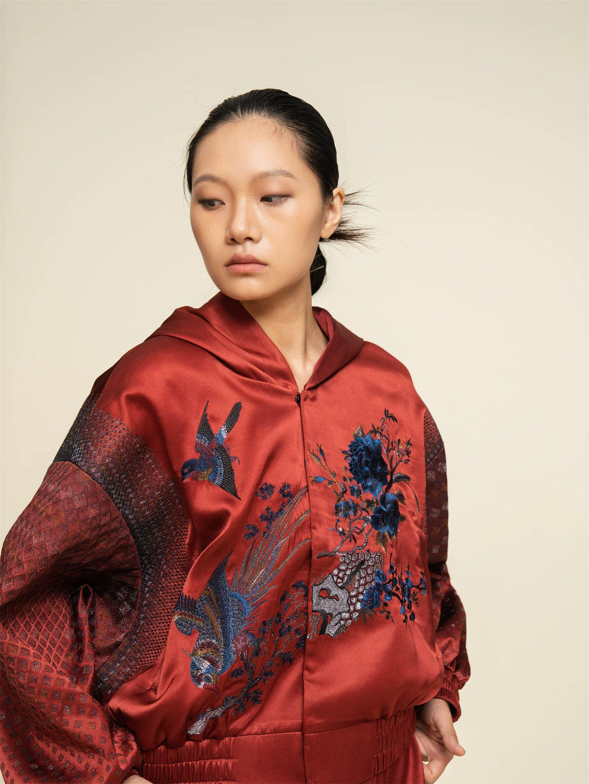 Luxury Carmine Silk Spring Garden Bomber-25ZWT5633