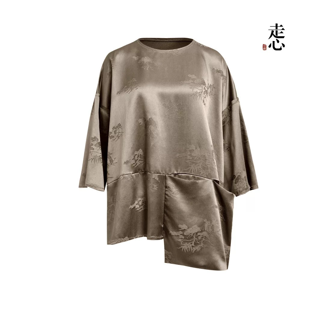Luxury Asymmetric Drape Silk Tunic Top- 26M66117