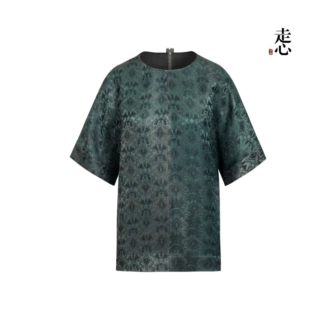 Luxury Teal Dragon Jacquard Silk Tunic-25Z26316229