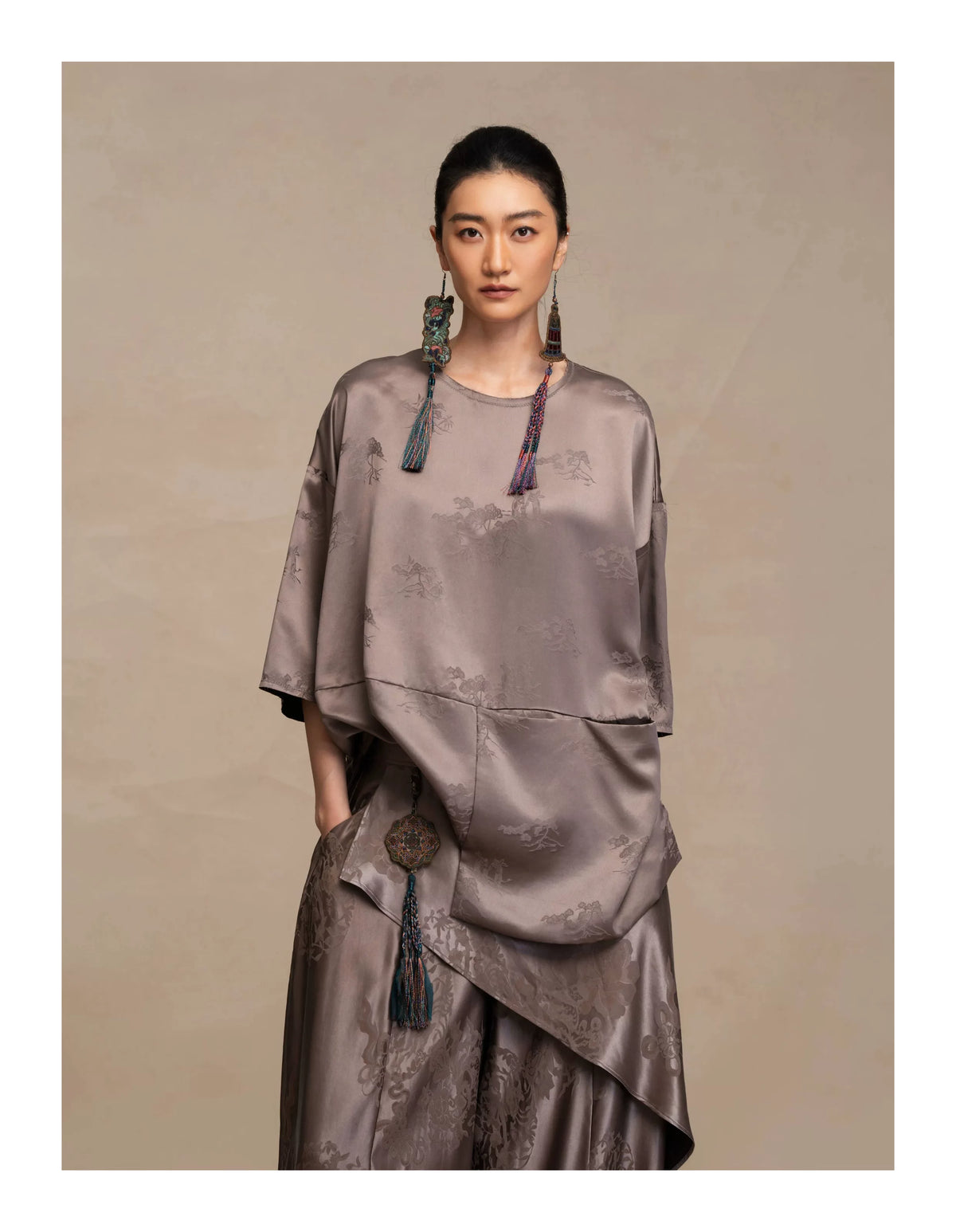Luxury Asymmetric Drape Silk Tunic Top- 26M66117