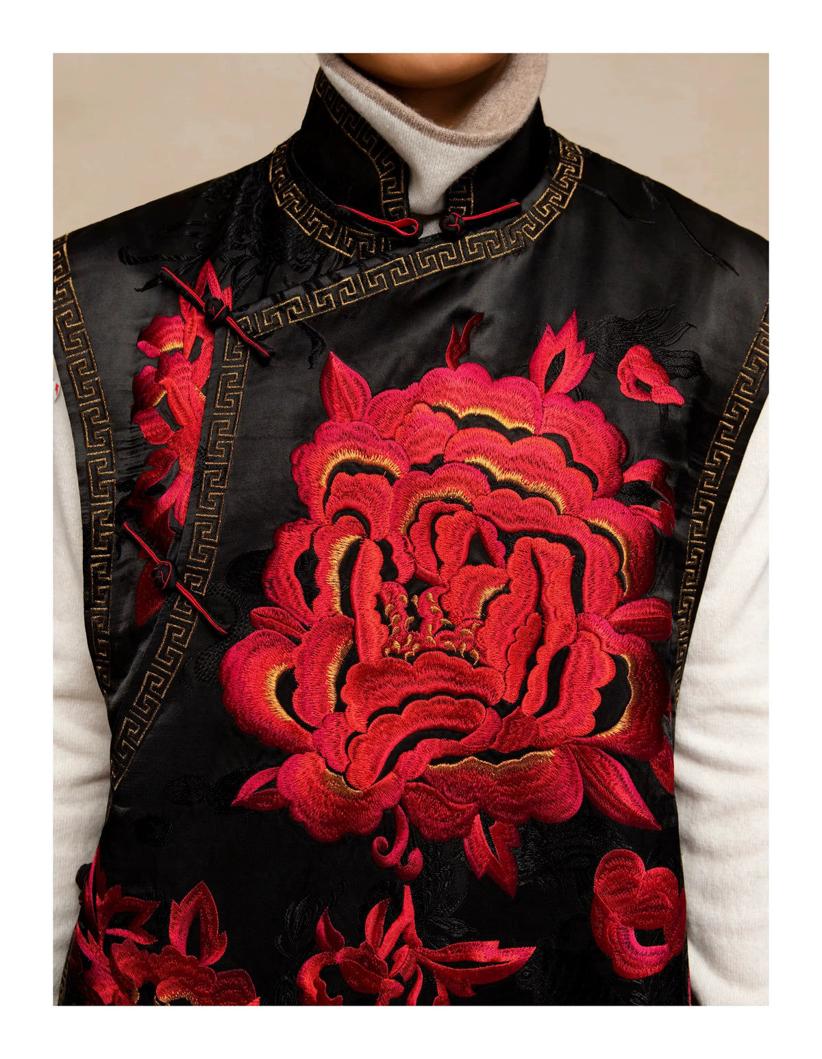 Luxury Black Silk Peony Embroidered Vest-25ZMJ6053