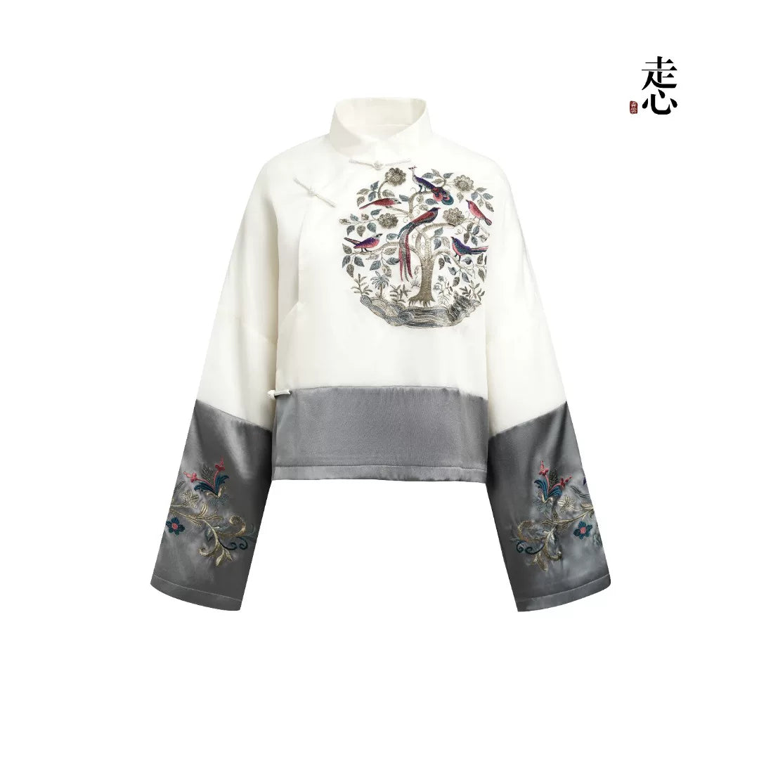 Luxury Ivory Silk Peony Cropped Jacket- 26ZWT6542