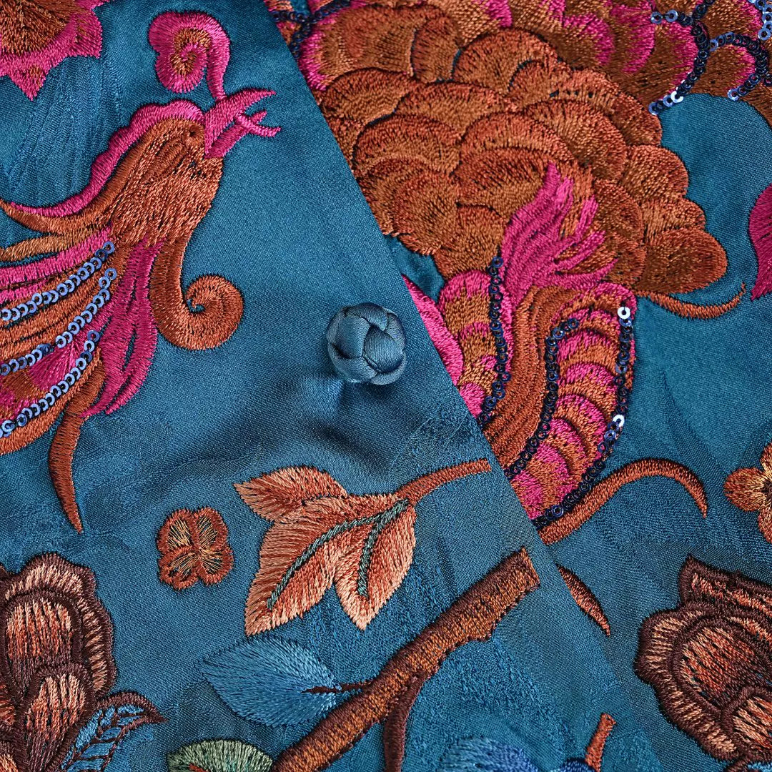 Luxury Blue Phoenix Silk Tunic Shirt-26ZCS6897
