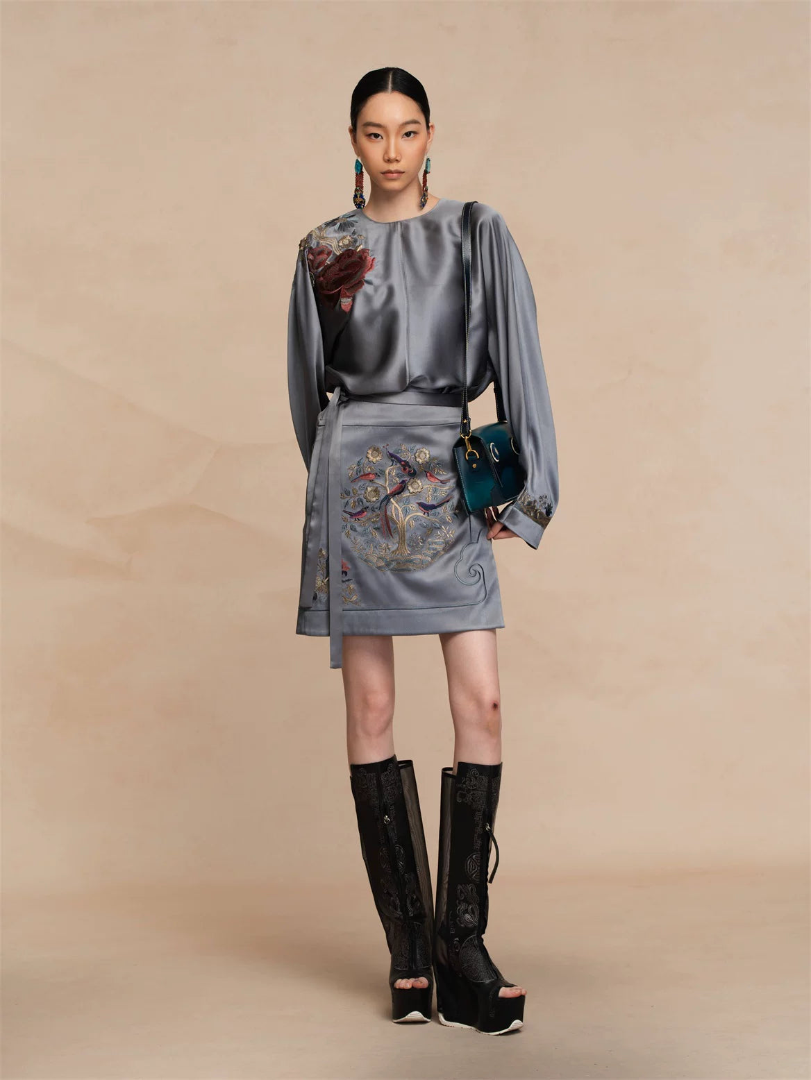 Luxury Celadon Silk Peony Pullover Blouse-26ZCS6569