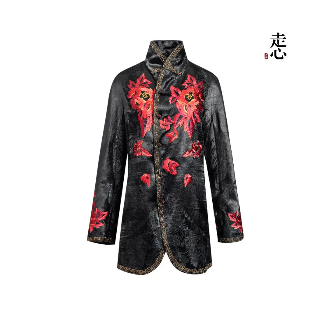Luxury Black Crimson Peony Heavy Silk Blazer-25ZWT6058