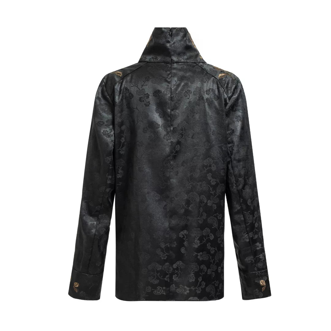 Luxury Black Gold Silk High-Neck Shirt-24Z28601