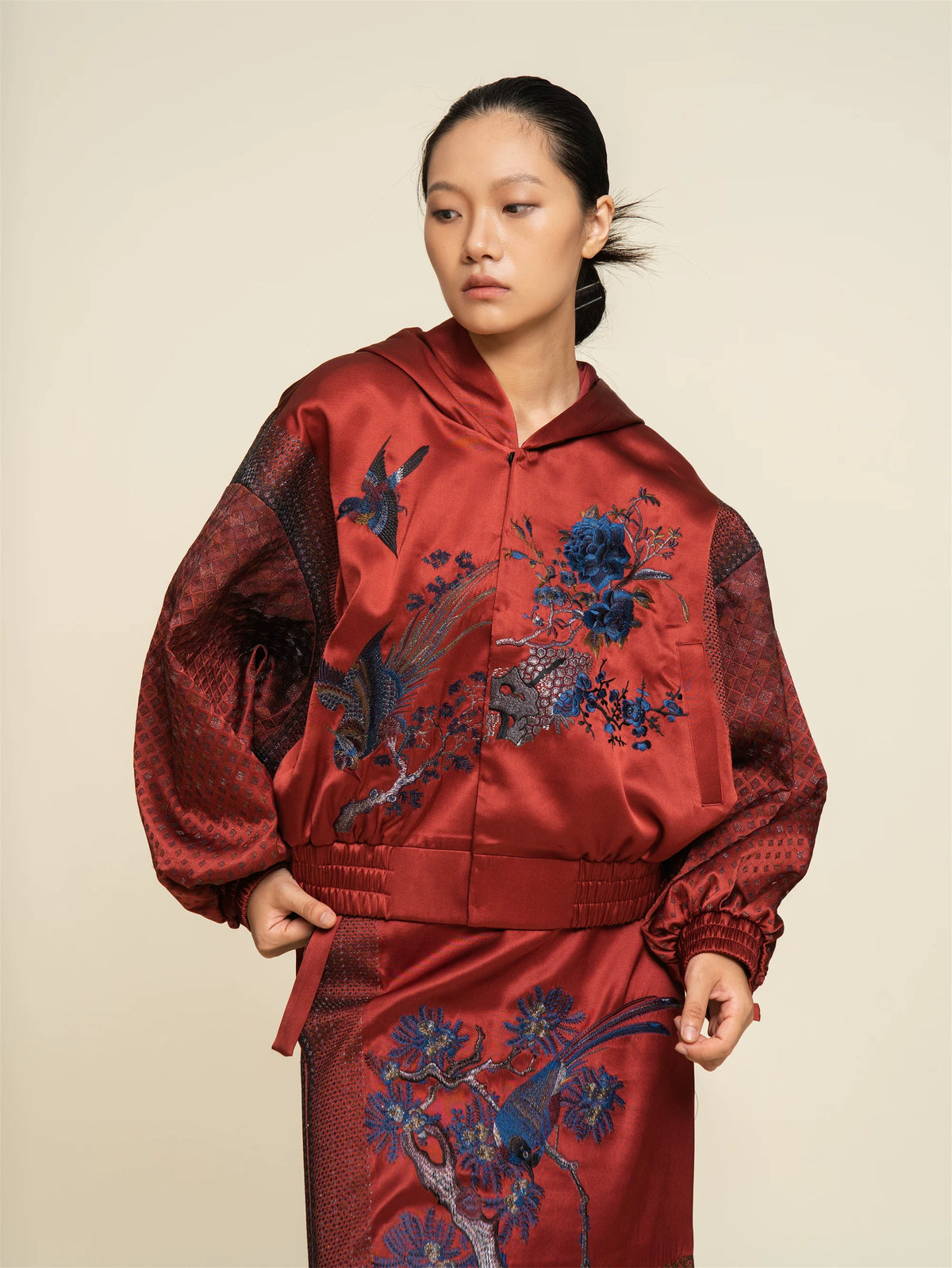 Luxury Carmine Silk Spring Garden Bomber-25ZWT5633