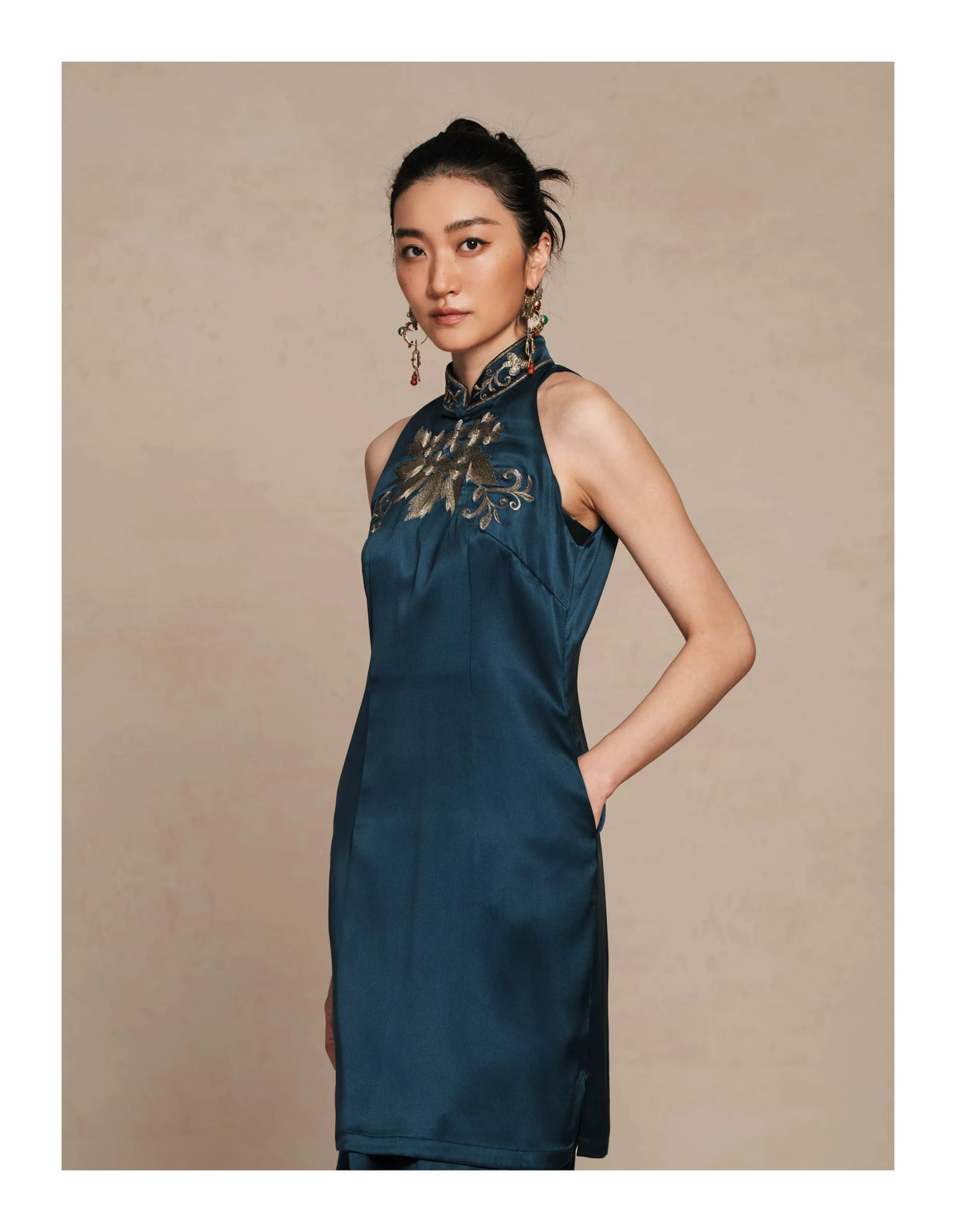 Luxury Navy Silk Phoenix Halter Maxi Dress-26ZLY6713
