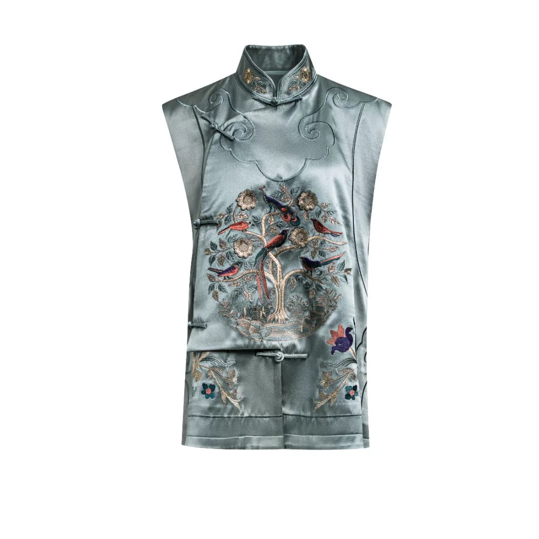 Luxury Celadon Silk Peony Embroidered Vest- 26ZMJ6566
