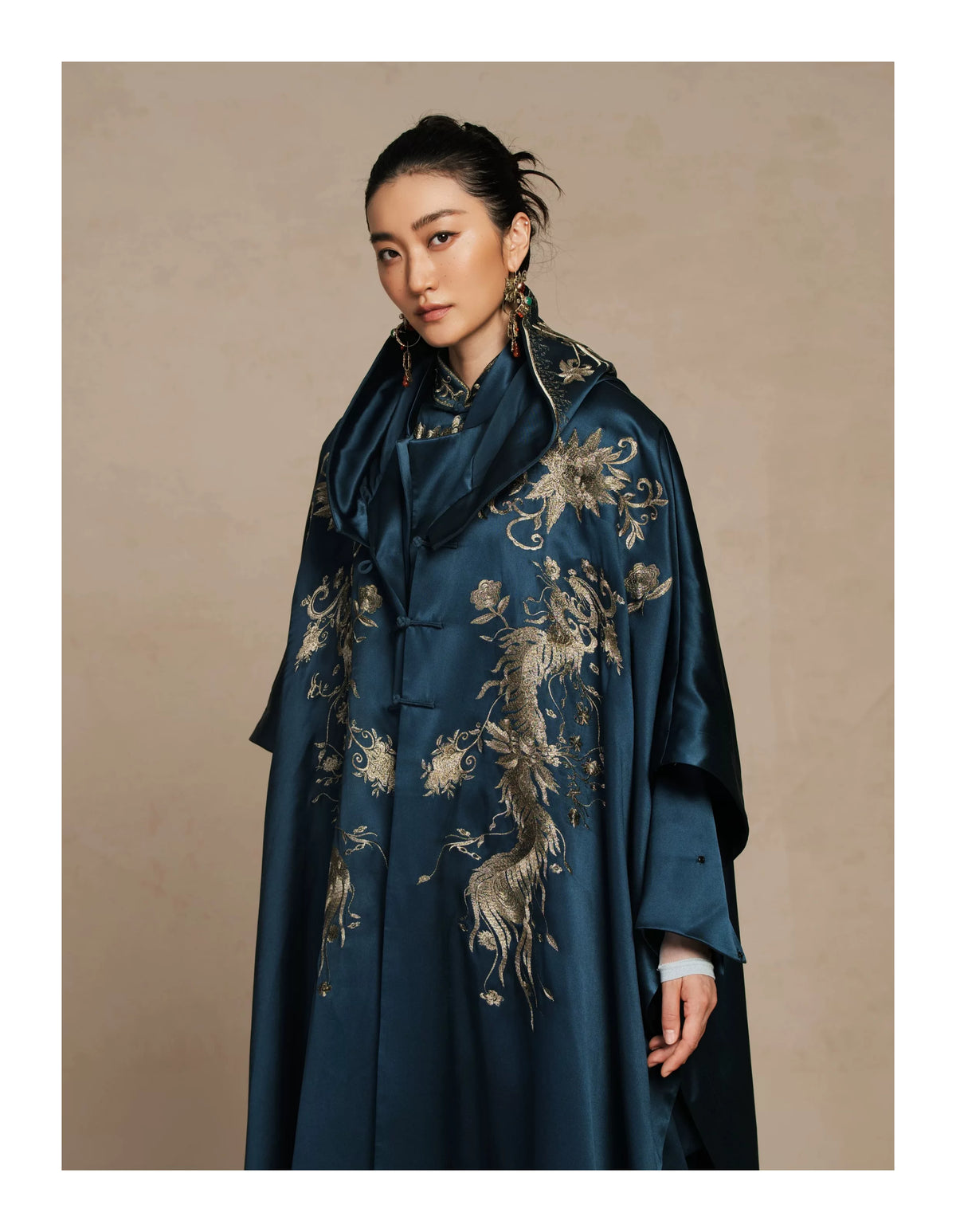 Luxury Navy Silk Phoenix Embroidered Cape-26ZMJ6709