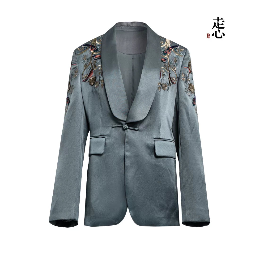 Luxury Celadon Silk Peony Tuxedo Blazer- 26ZWT6705