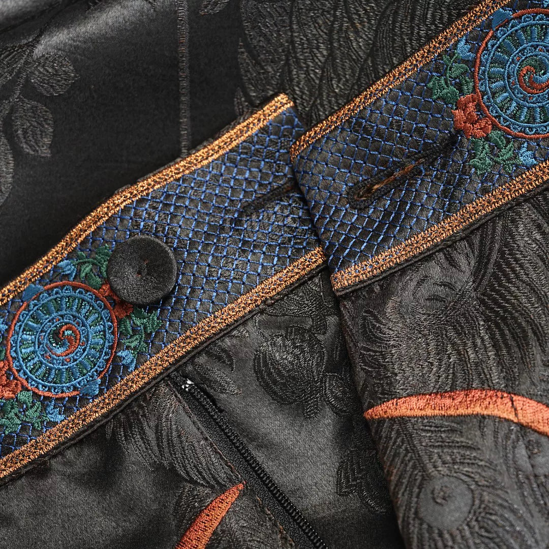 Luxury Black Phoenix Silk Tailored Shorts-26ZKZ6894