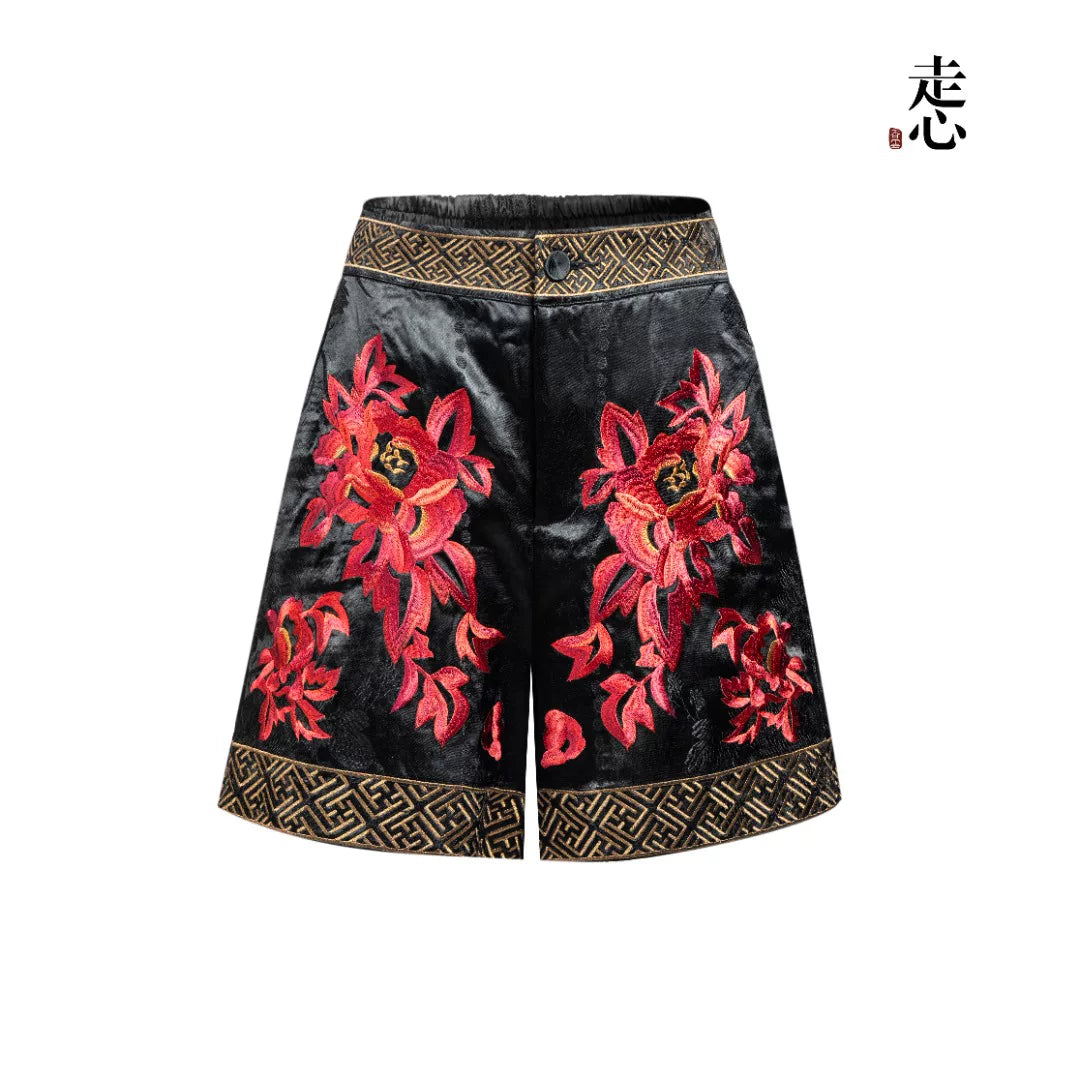 Luxury Silk Embroidered Shorts Peony- 25ZKZ6099