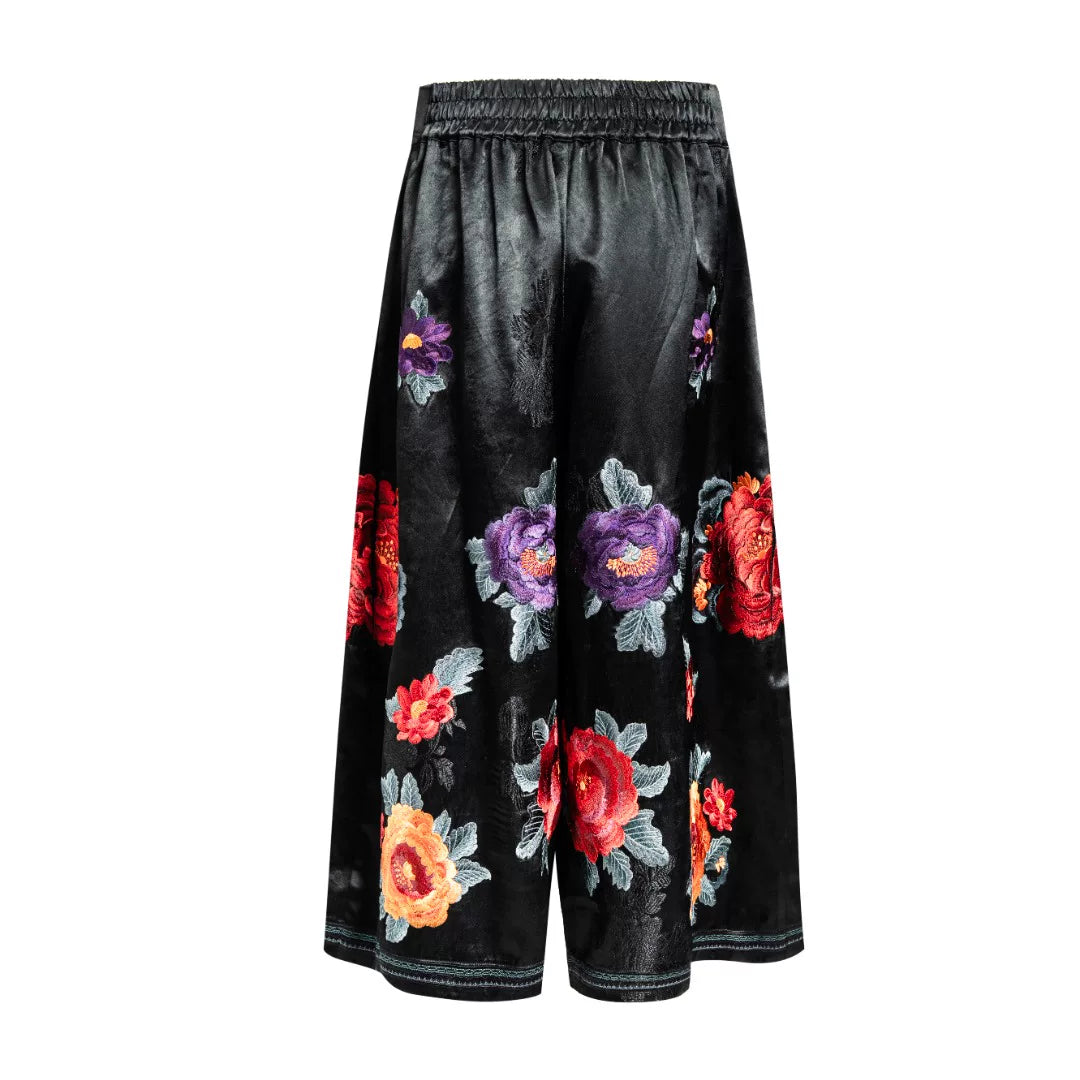 Luxury Black Silk Floral Wide-Leg Pants-26ZKZ6211
