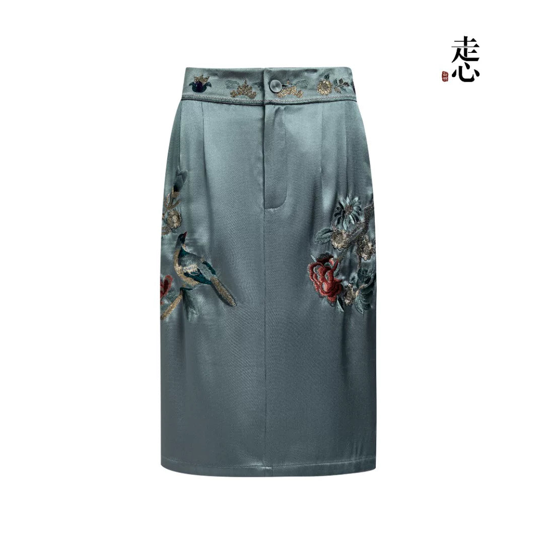 Luxury Celadon Silk Peony Pencil Skirt- 26ZDQ6568