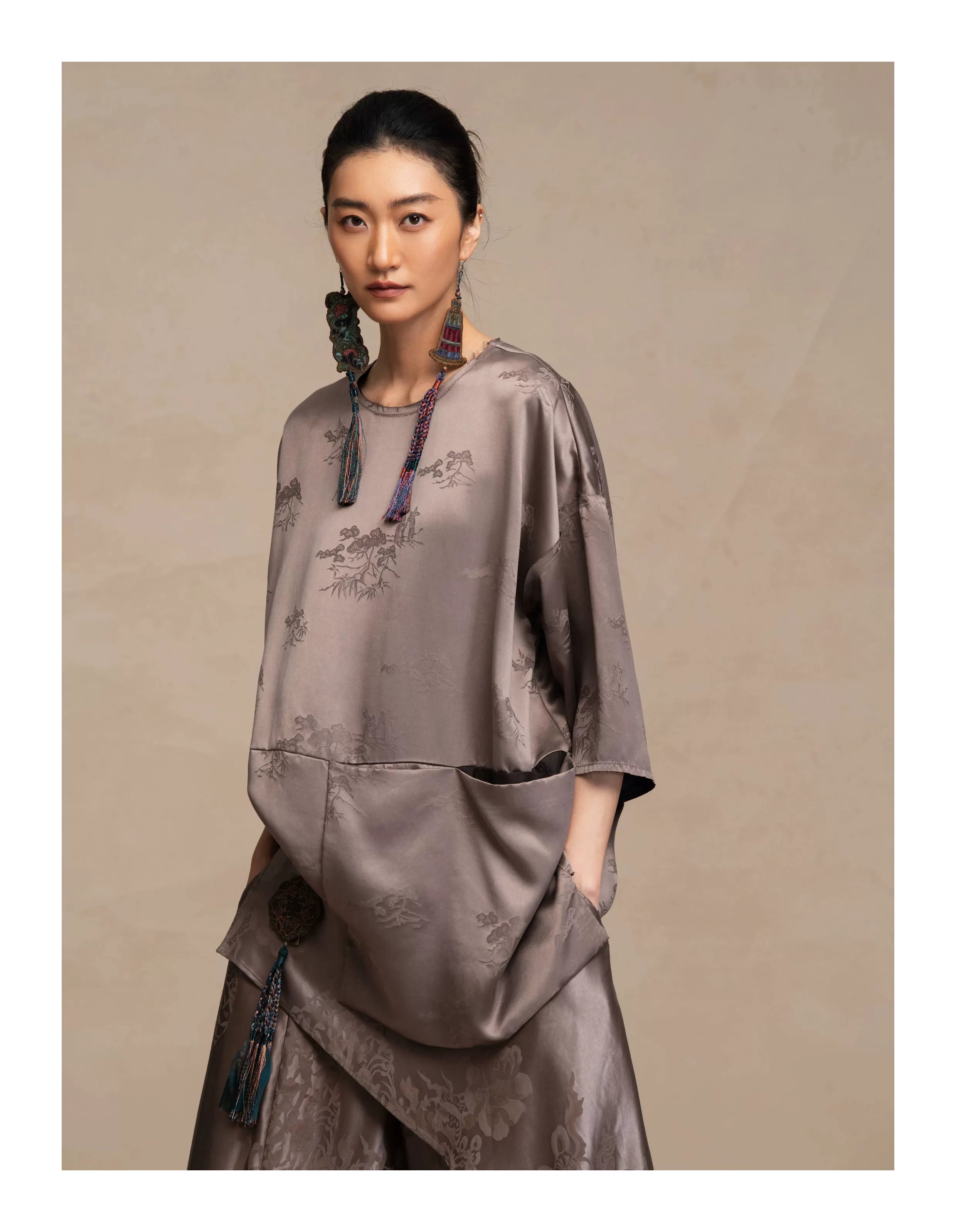 Luxury Asymmetric Drape Silk Tunic Top- 26M66117