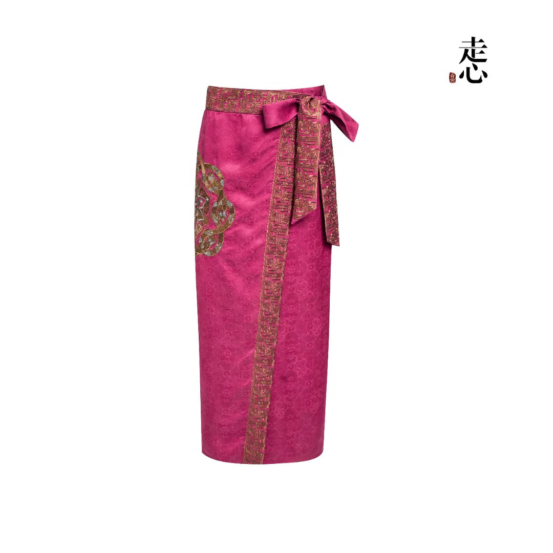Luxury Emerald Silk Brocade Wrap Skirt-25ZW68F