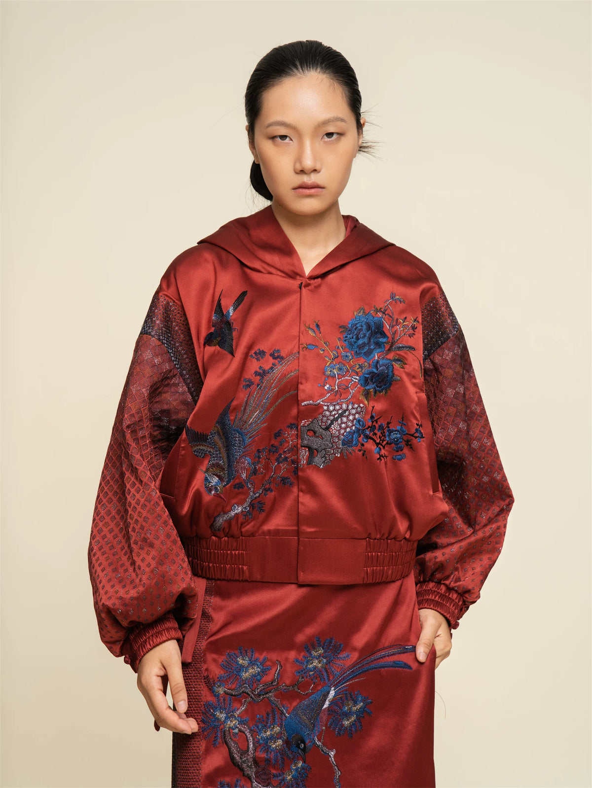 Luxury Carmine Silk Spring Garden Bomber-25ZWT5633