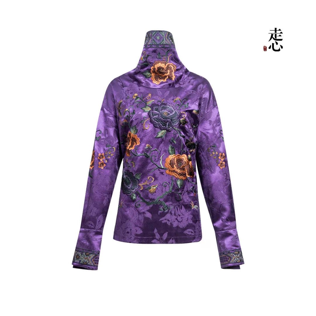 Luxury Imperial Violet Silk High-Neck Top-25ZCS6091