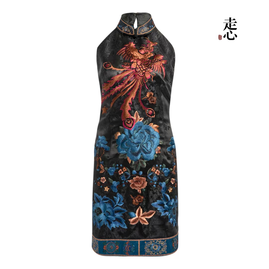 Luxury Black Phoenix Silk Halter Dress-26ZLY6903