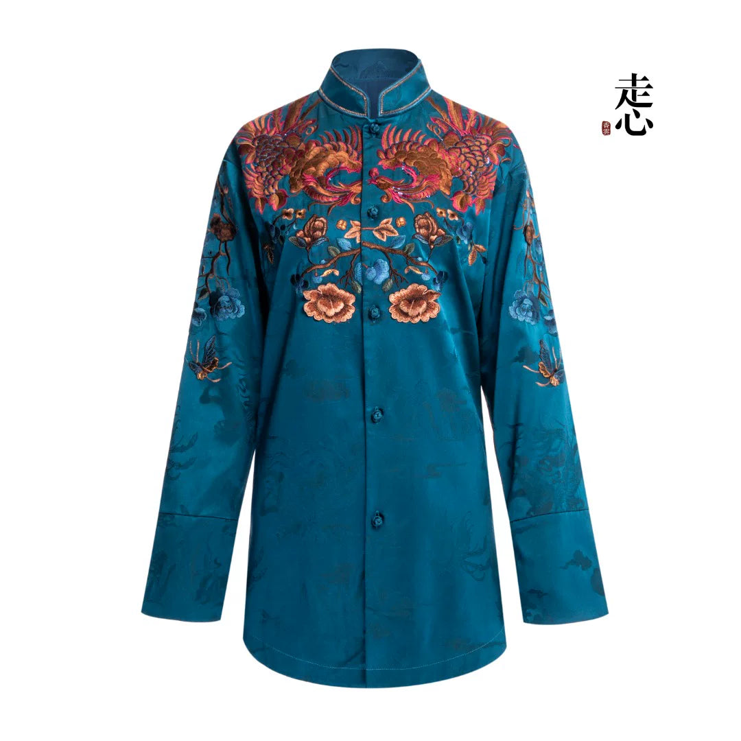 Luxury Blue Phoenix Silk Tunic Shirt-26ZCS6897