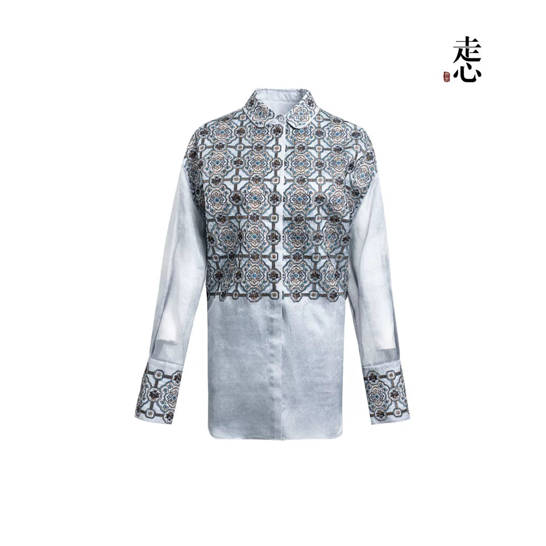 Luxury Porcelain Blue Silk Brocade Shirt-25ZY51160032